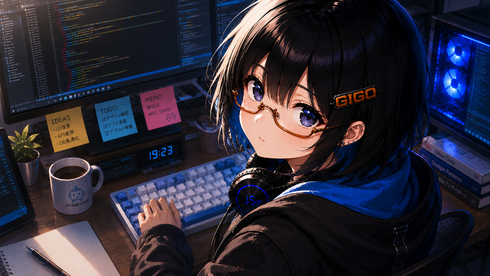 PCに向かって仕事をする情サビちゃん